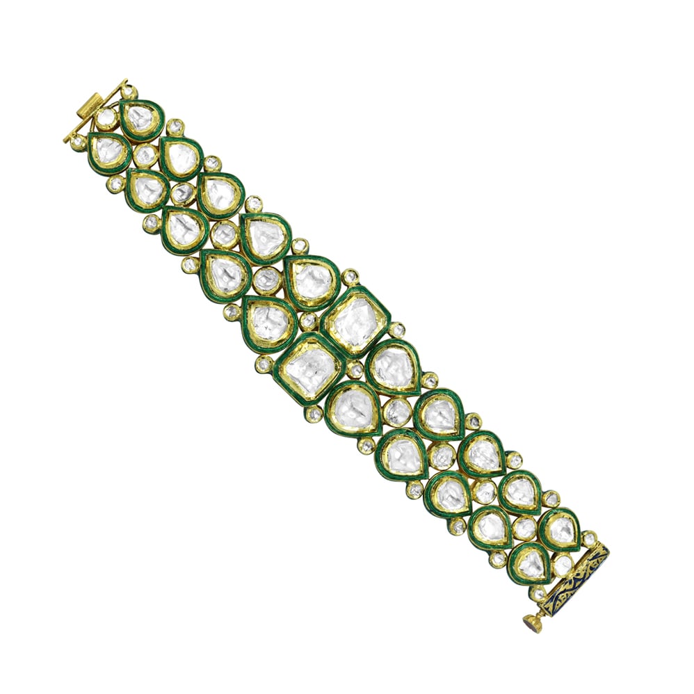 Polki Diamond Bracelet with Green Enamel Teardrop Motifs